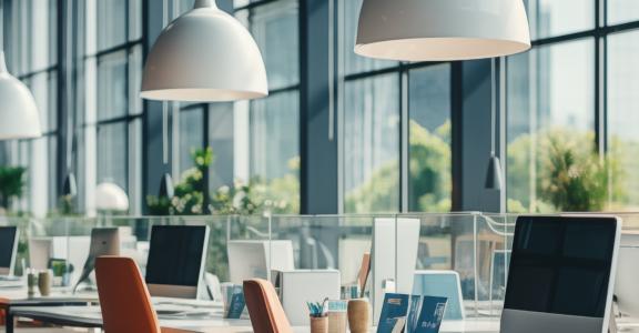 Foto ordenadores y puestos de trabajo con plantas y luminosidad