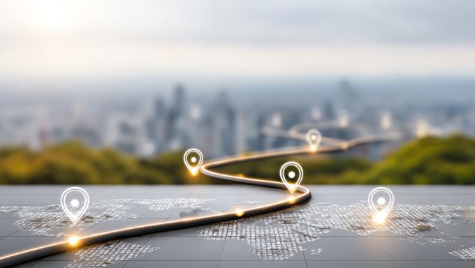 Imagen panorámica con una ciudad de fondo con oficinas y un mapa del mundo con puntos destacados brillantes